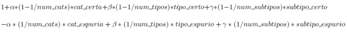CSC = 1 + α*(1 - 1/num-cats)*cat-certa + β*(1 - 1/num-tipos)*tipo_certo + γ*(1-1/num-subtipos)*subtipo-certo - α*(1/num-cats)*cat-espuria - β*(1/num-tipos)*tipo-espurio - γ*(1/num-subtipos)*subtipo-espurio
