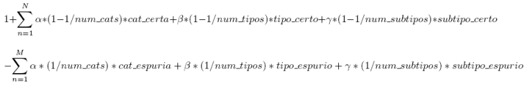 1 + &Sigma;(1, N) { &alpha;*(1 - 1/ num-cats )* cat-certa + &beta;*(1 - 1/ num-tipos )* tipo-certo + &gamma;*(1 - 1/ num-subtipos )* subtipo-certo } - &Sigma;(1, M) {&alpha;*(1/ num-cats )* cat-espuria + &beta;*(1/ num-tipos )* tipo-espurio + &gamma;*(1/ num-subtipos )* subtipo-espurio }